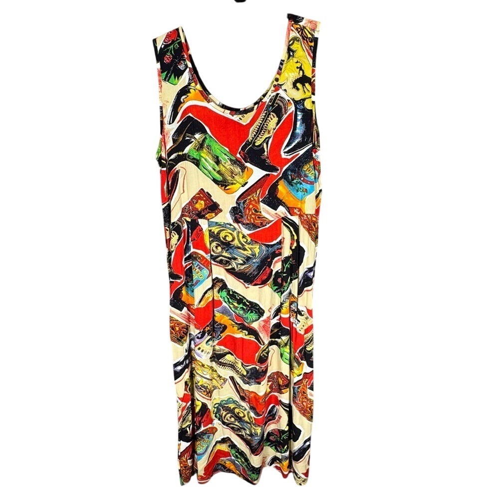 Rare Vintage Jams World Western Boot Print 90s Cowgirl Graphic Midi Dress Medium